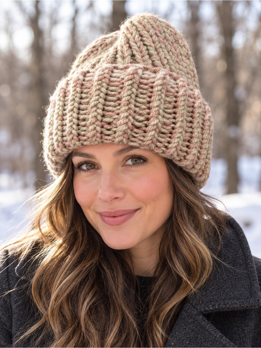 Handmade Knit Beanie | Blush Pink & Cream Chunky Winter Hat